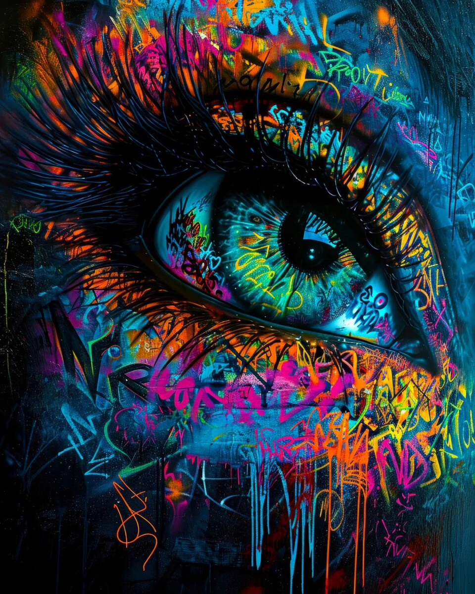 Graffiti of an eye in rainbow colours